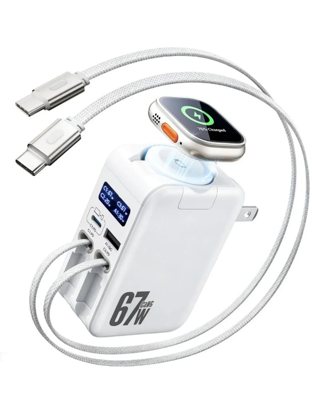 67W 5-in-1 Retractable USB-C Wall Charger for iPhone, iPad, Apple Watch & More